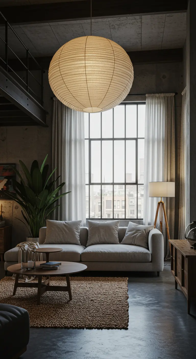 Loft living room with large industrial windows, a paper lantern, and a textured jute rug.