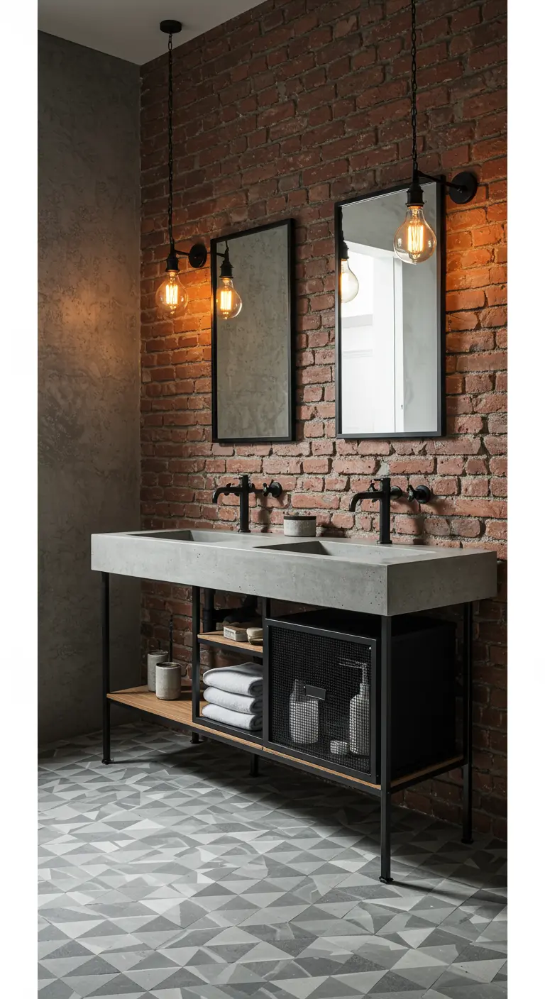 Industrial bathroom with exposed brick, a concrete double vanity, and gray geometric floor tile.