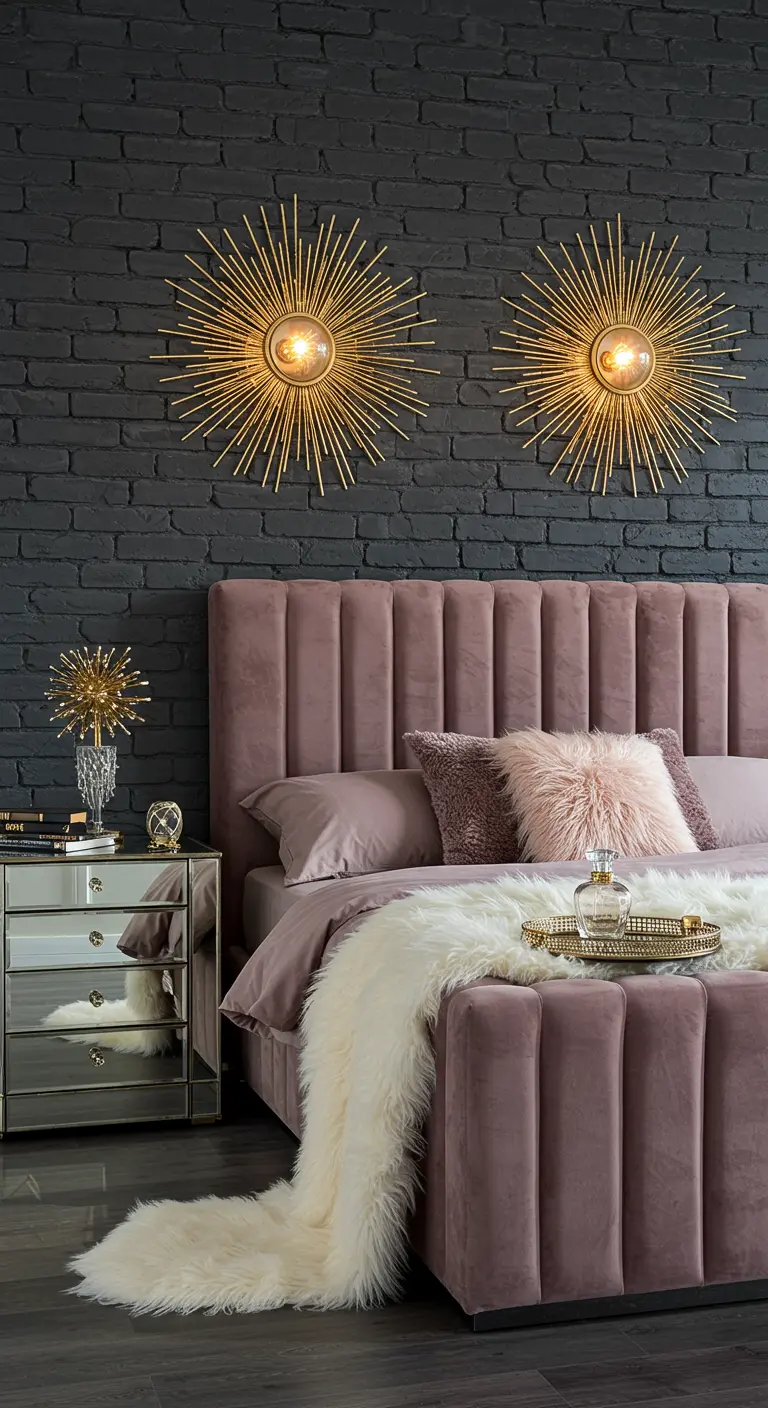 A glamorous bedroom with a black brick wall, a pink velvet bed, and gold sunburst sconces.