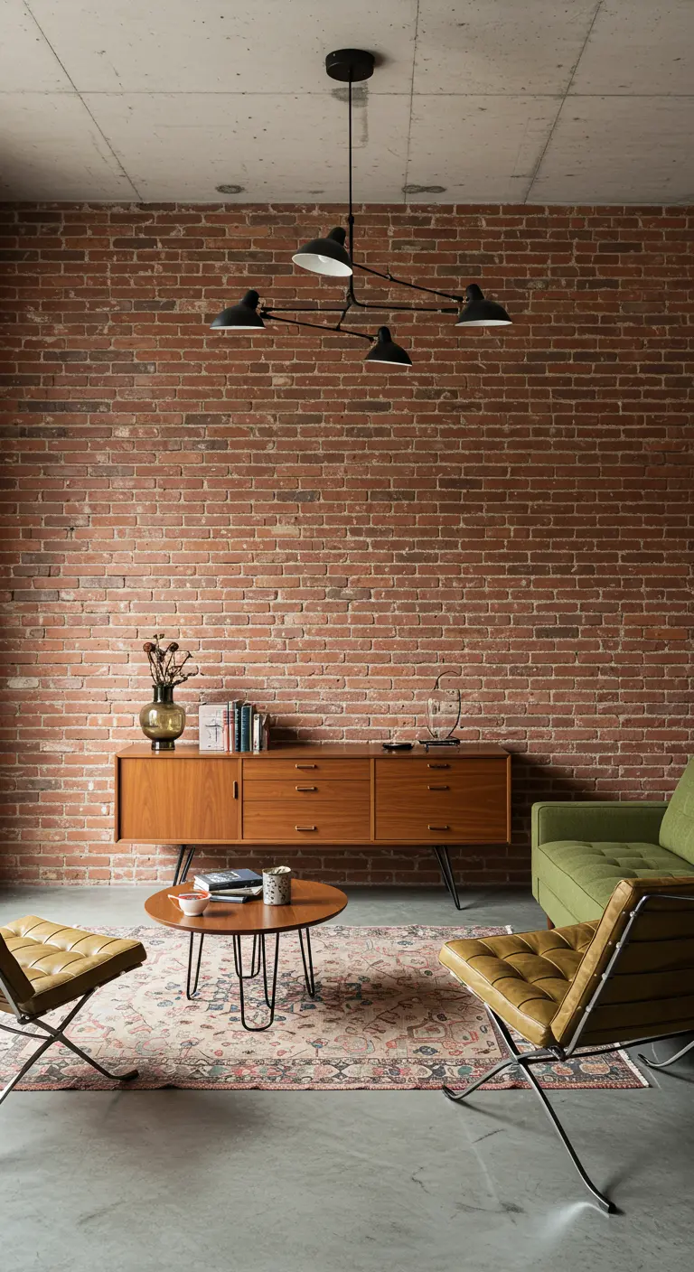 A mid-century modern wood credenza and leather chairs against a red brick wall.