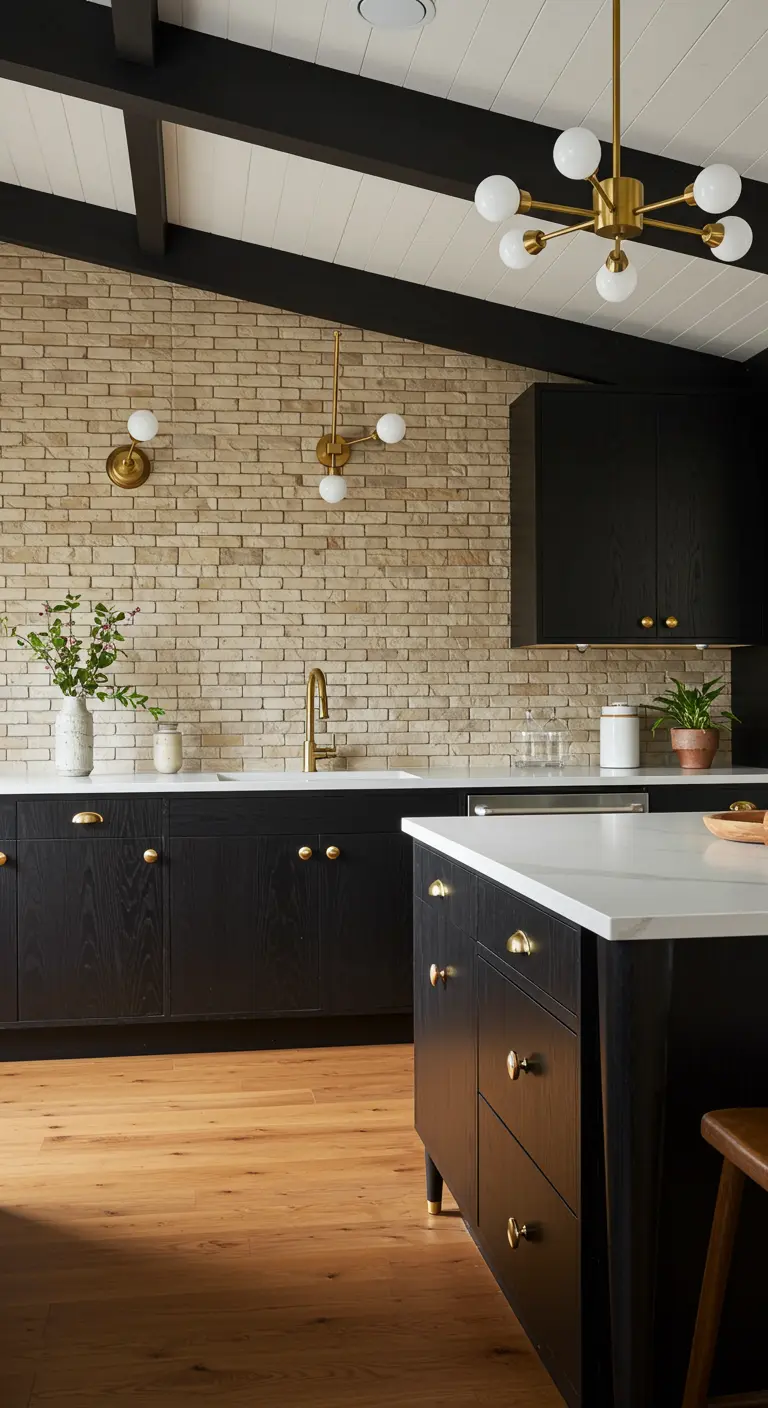 Kitchen with sandy brick wall, black cabinets, and Mid-Century Modern sputnik and globe lighting.