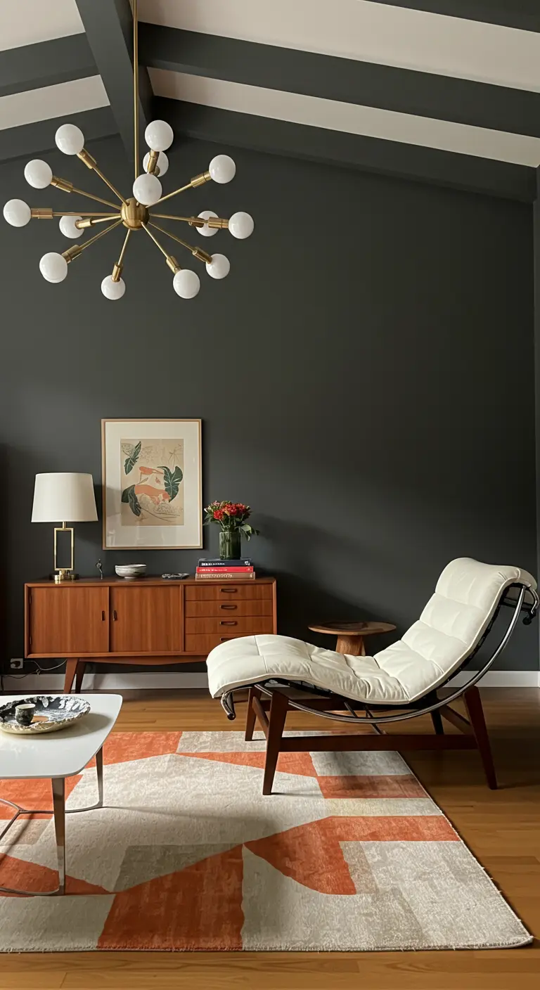 White leather chaise and teak credenza against a charcoal wall with a sputnik chandelier.