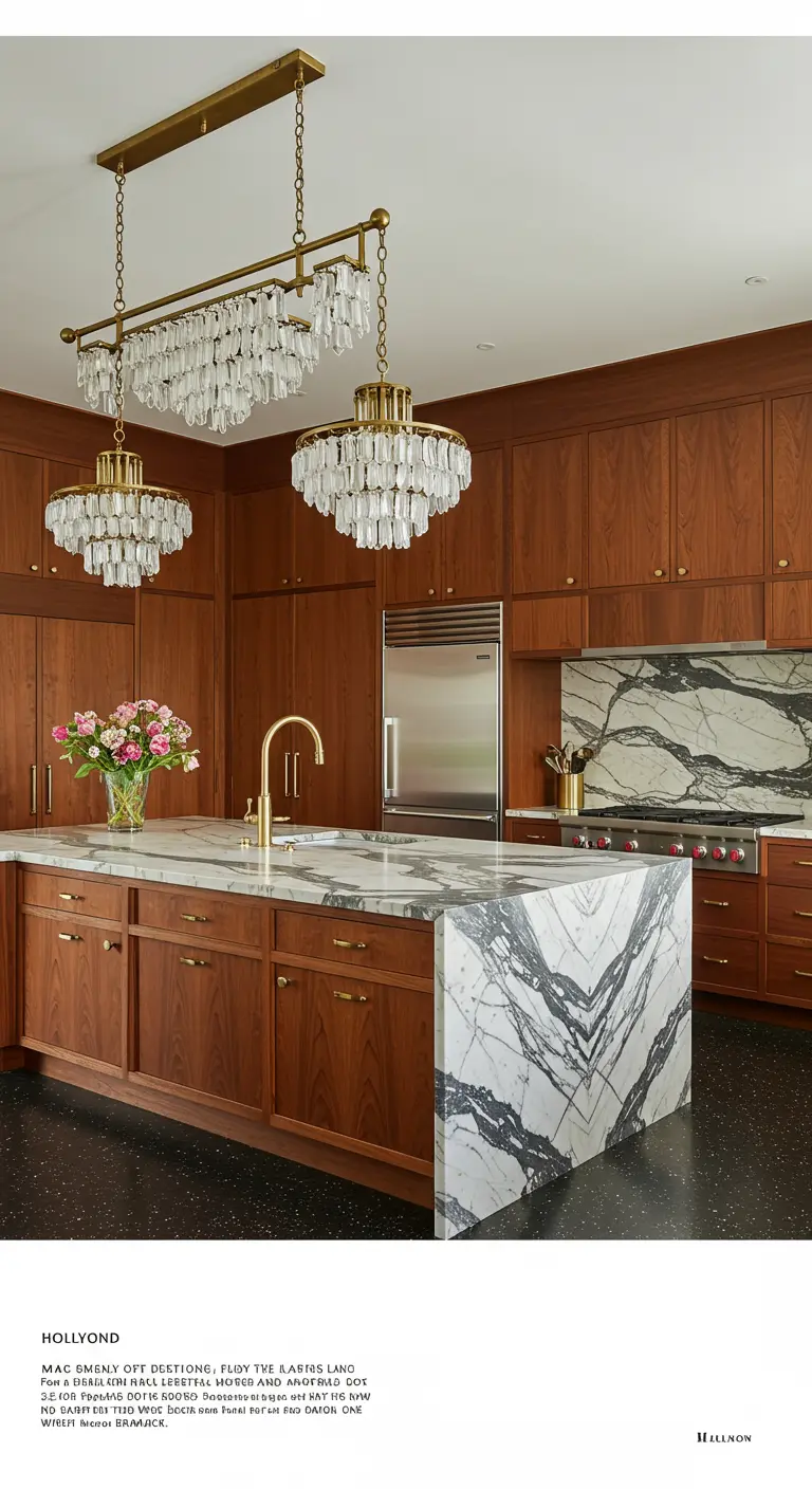 Kitchen with teak cabinets, a dramatic waterfall marble island, and crystal lighting.