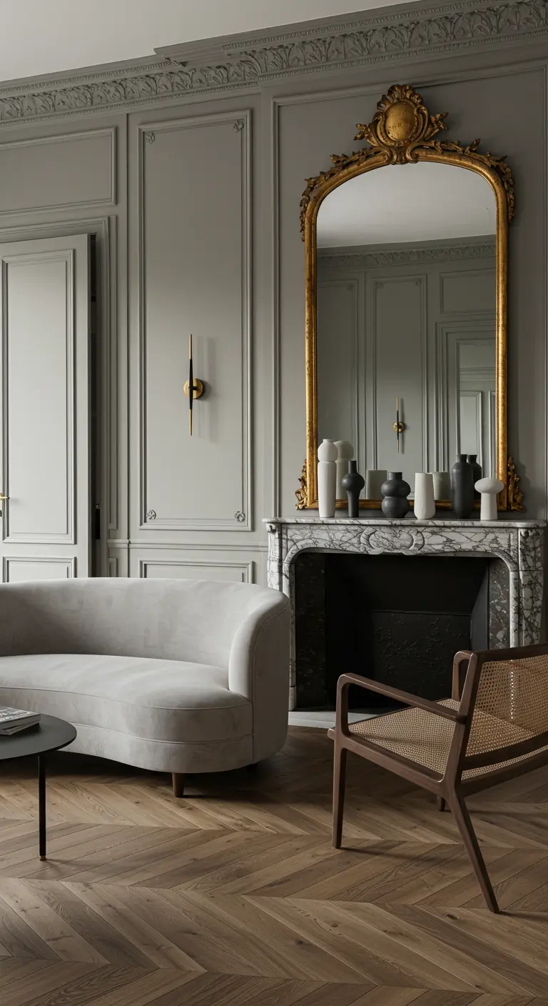 Modern curved sofa and caned chair against classic grey paneled walls with a gilt mirror.