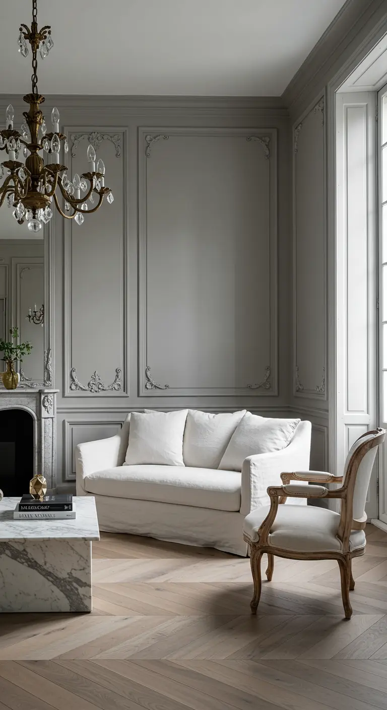Parisian-style room with ornate wall paneling, a linen sofa, and a marble coffee table.