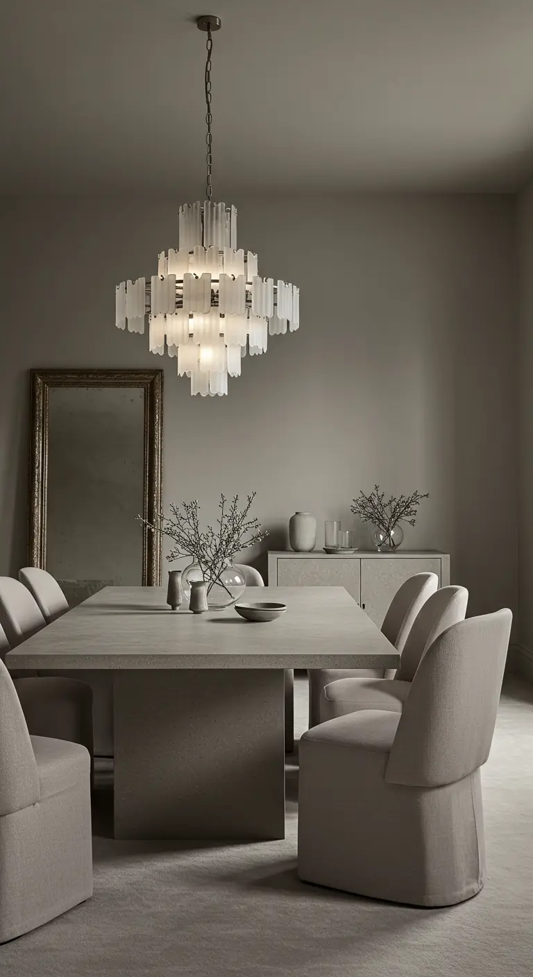 Greige dining room with a concrete table and a tiered glass chandelier.