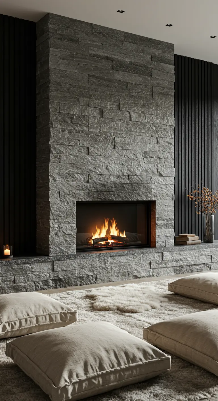 A living room with a large stacked stone fireplace and light-colored floor cushions.