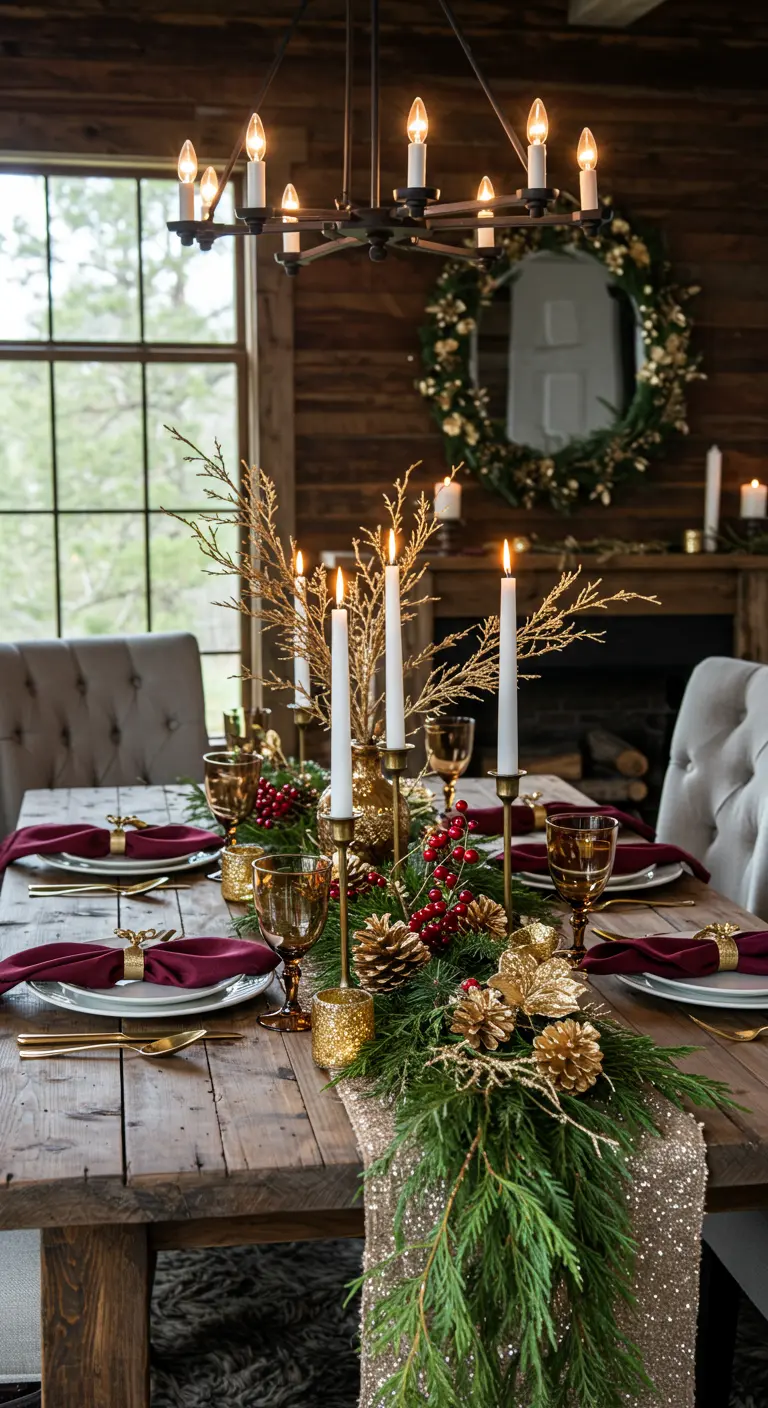 A rustic wood dining table with a gold sequin runner and a lush greenery centerpiece.