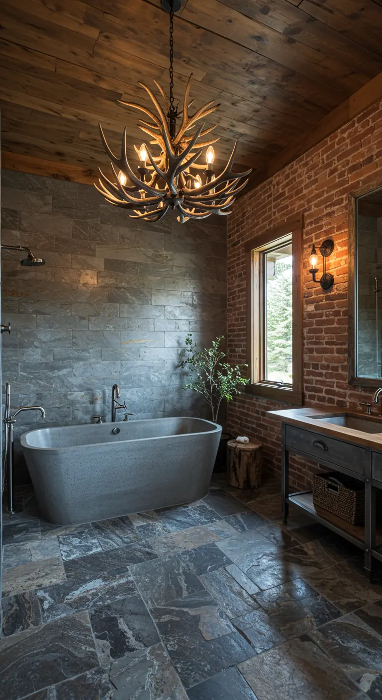 Bathroom with an exposed brick wall, a slate tile shower, and a modern concrete tub.