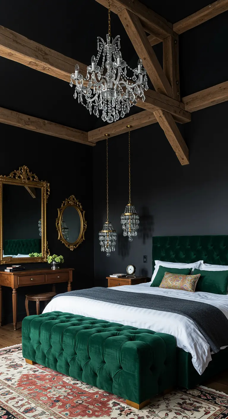 Glamorous bedroom with black walls, a crystal chandelier, and an emerald green velvet bed.