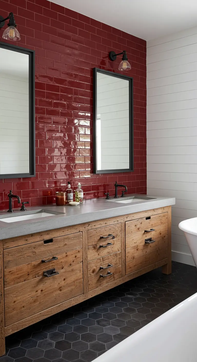 A bathroom with a glossy red subway tile wall, a rustic wood vanity, and a concrete countertop.
