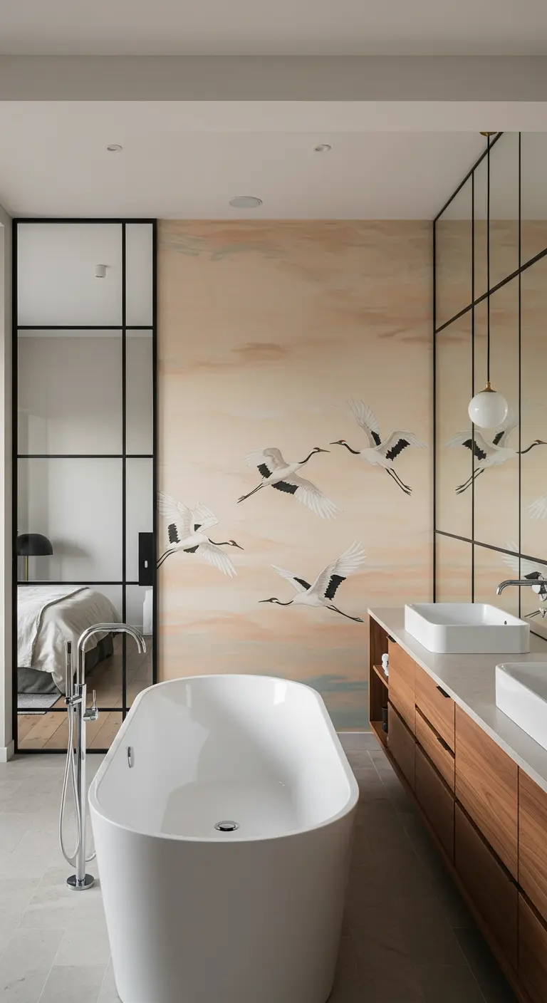 Bathroom with muted crane wallpaper, modern tub, and black-framed shower.