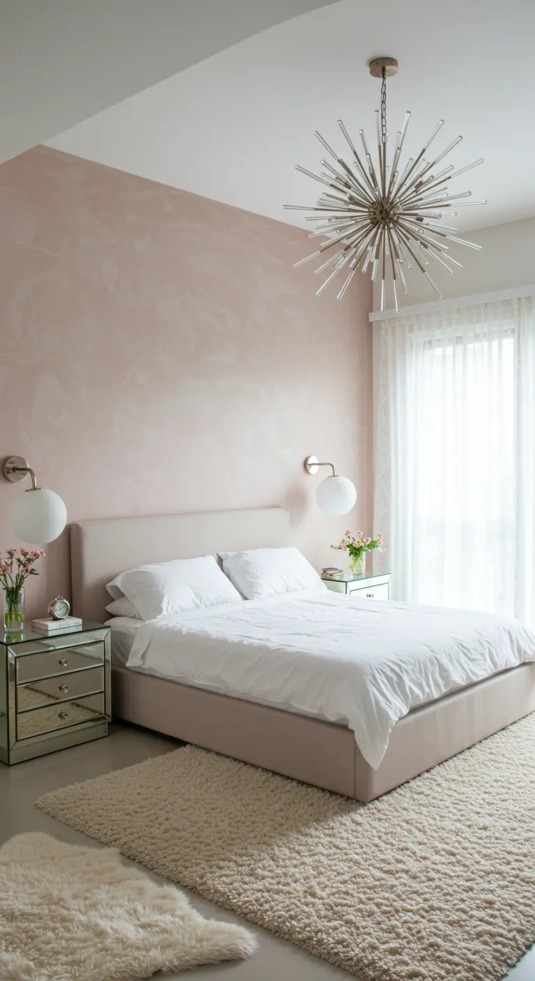 Modern bedroom with a textured blush wall, mirrored nightstands, and a starburst chandelier.