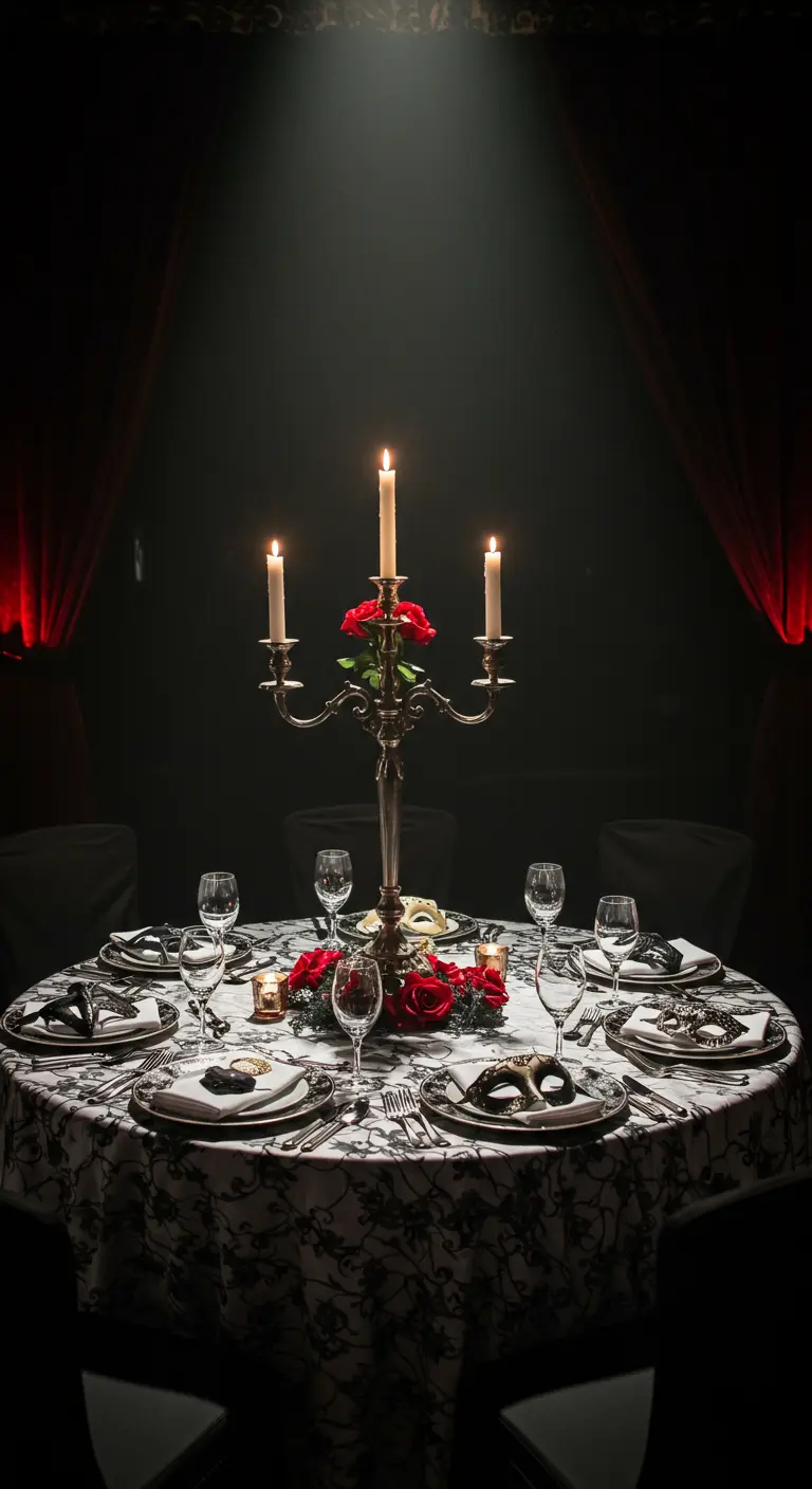 A round table set for a masquerade party, with masks at each place and red roses.
