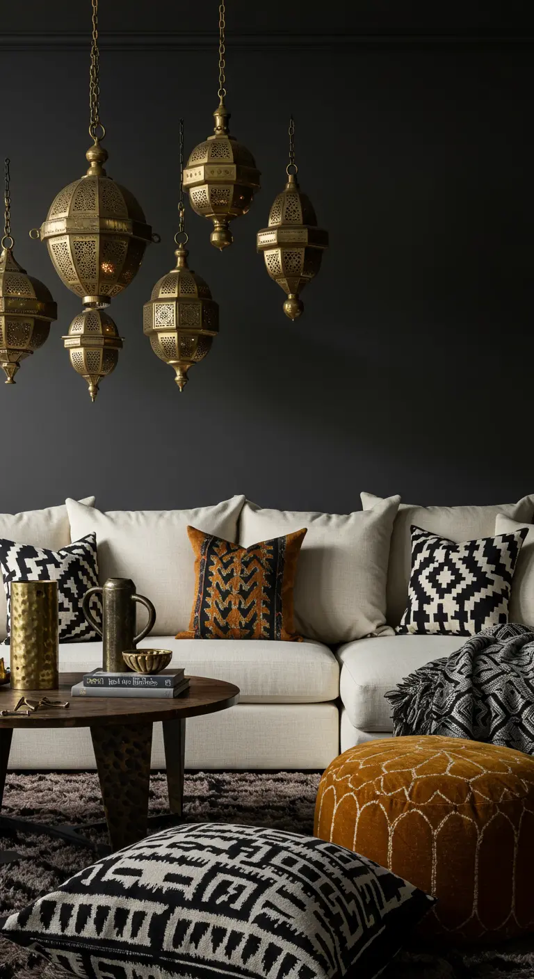 A cream sofa against a dark wall, with brass lanterns and black-and-white graphic pillows.