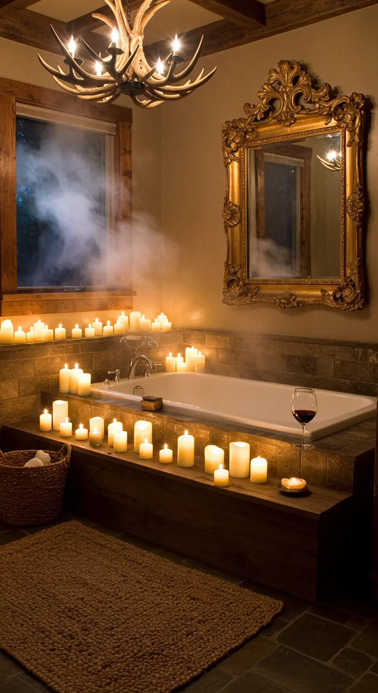 A bathtub surrounded by dozens of lit candles, with a large ornate gold mirror on the wall.