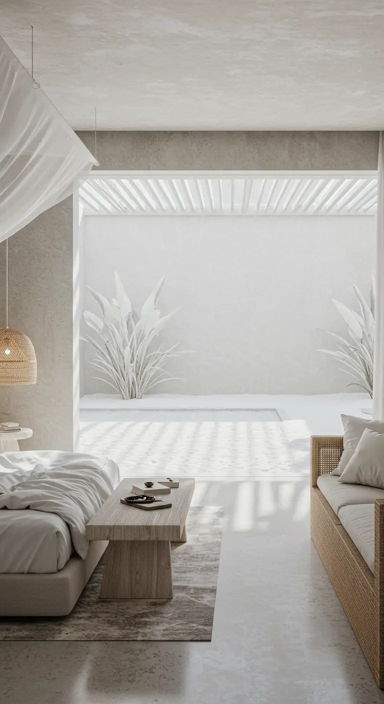 All-white bedroom and patio with woven rattan furniture for texture.
