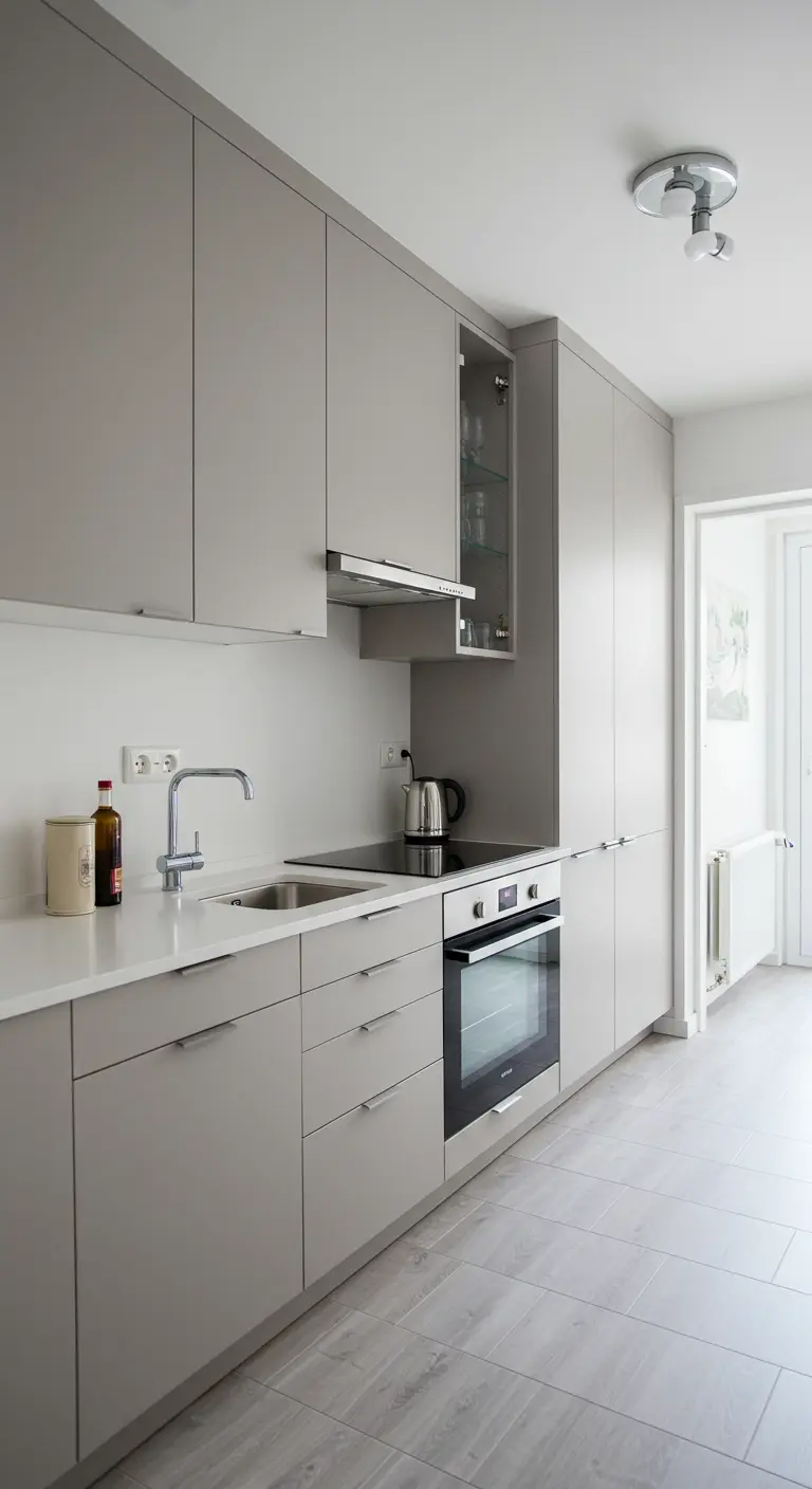 A sleek, narrow kitchen with matte greige cabinets, a slim hood, and chrome hardware.