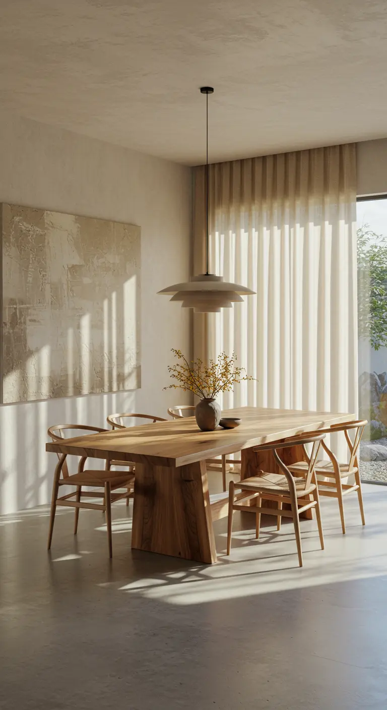 Japandi dining room with a raw oak table and sheer curtains filtering sunlight.