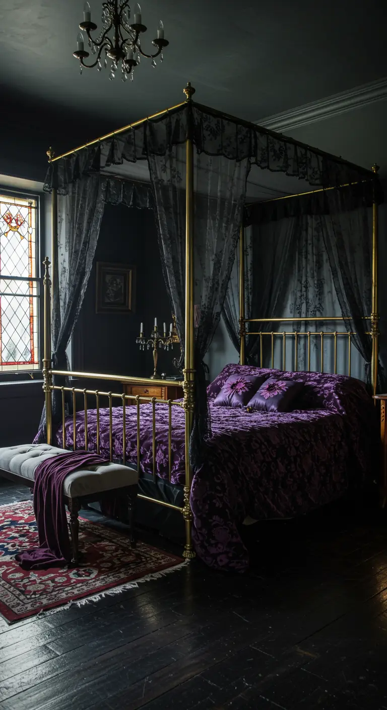 A moody bedroom with black walls, a brass canopy bed with black lace, and purple velvet bedding.