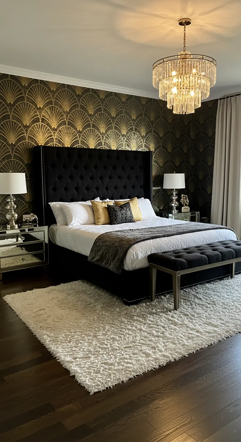 Art Deco bedroom with black and gold fan wallpaper and a tall black velvet headboard.