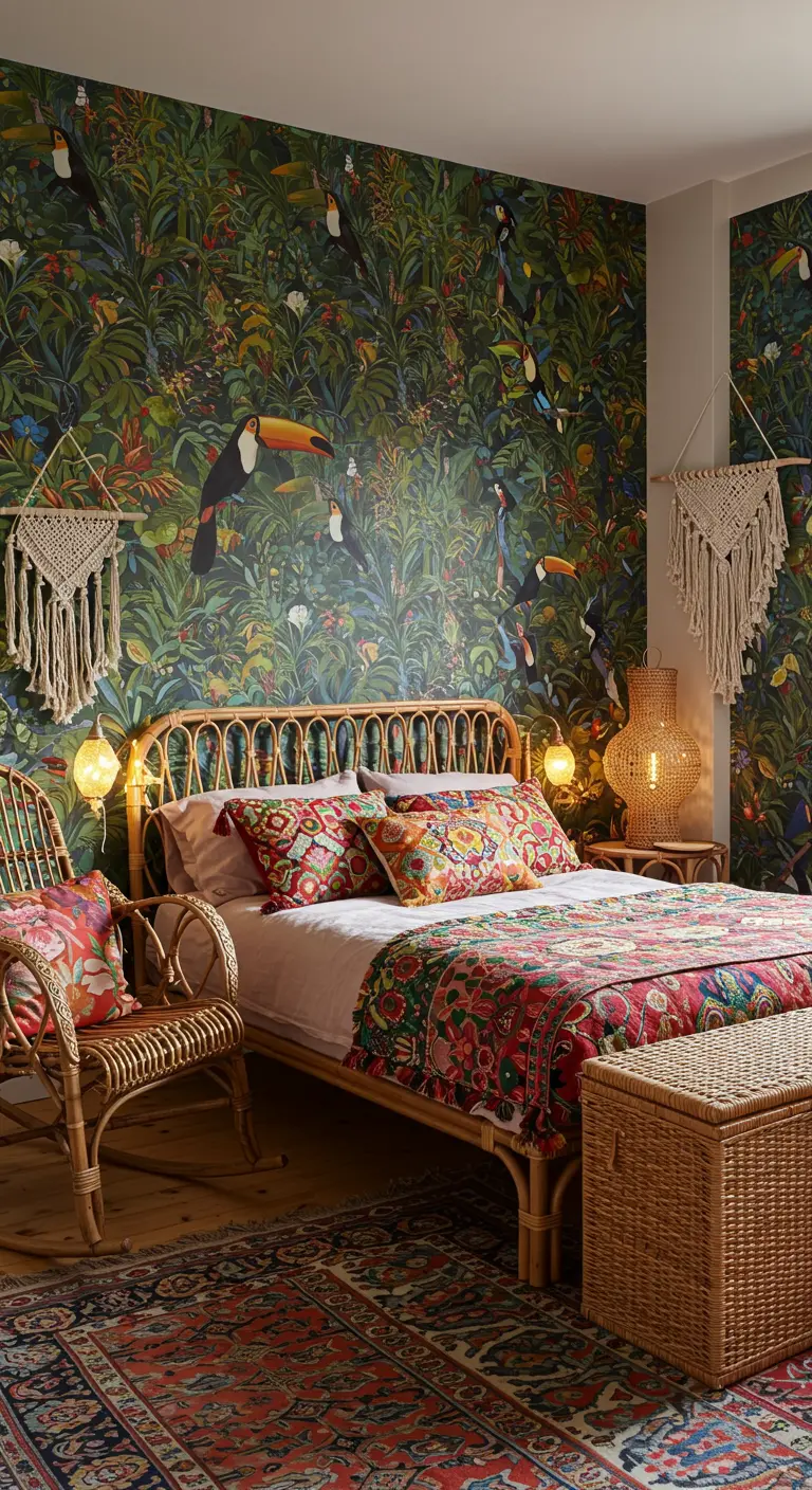 Eclectic bedroom with a colorful jungle and toucan mural, rattan furniture, and macrame.