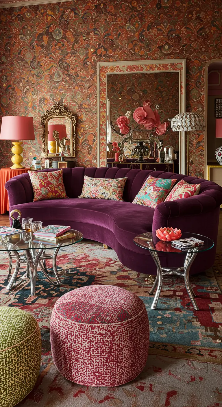 A maximalist room with a purple velvet curved sofa, patterned wallpaper, and a colorful rug.
