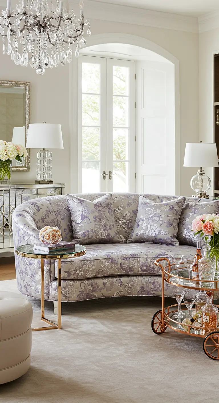 Glamorous living room with a silvery-floral sofa, crystal chandelier, and gold bar cart.