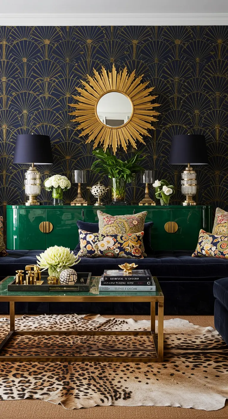 A maximalist living room with patterned wallpaper, an animal print rug, and a green lacquer console.