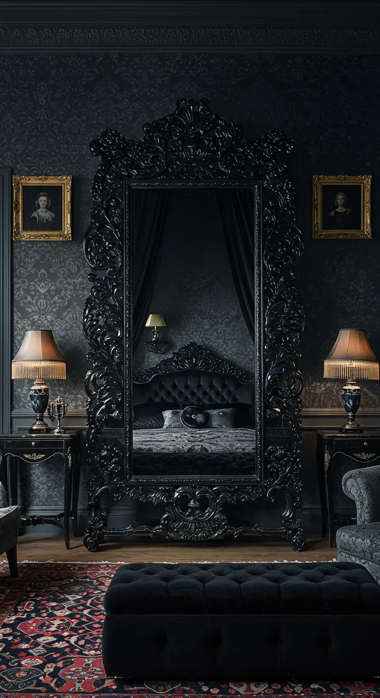 Dramatic all-black bedroom with an ornate floor mirror and damask wallpaper.