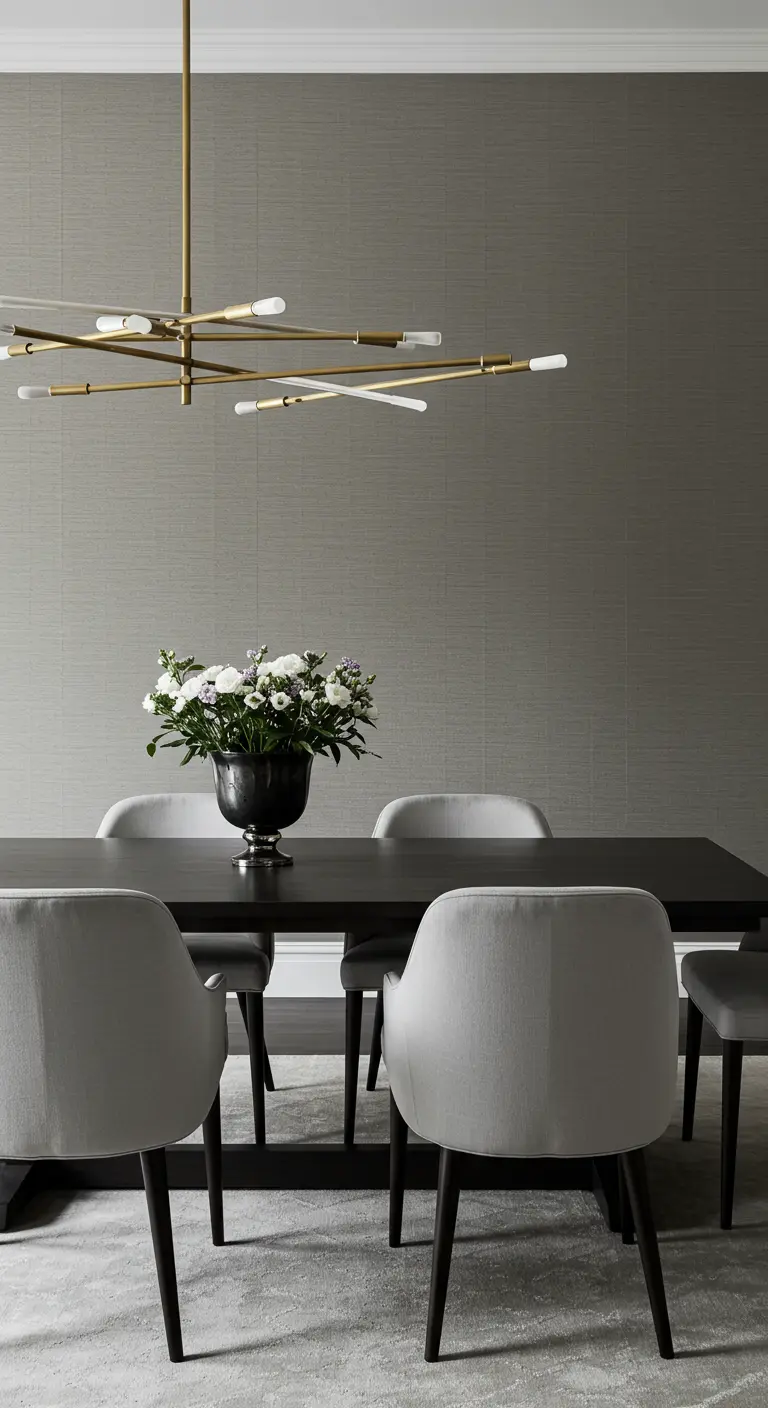 Monochromatic gray dining room with textured wallpaper and a modern brass light fixture.