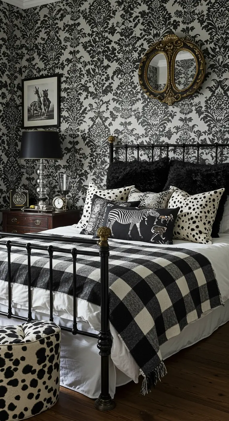 Maximalist bedroom with damask wallpaper, a buffalo check blanket, and animal print pillows.
