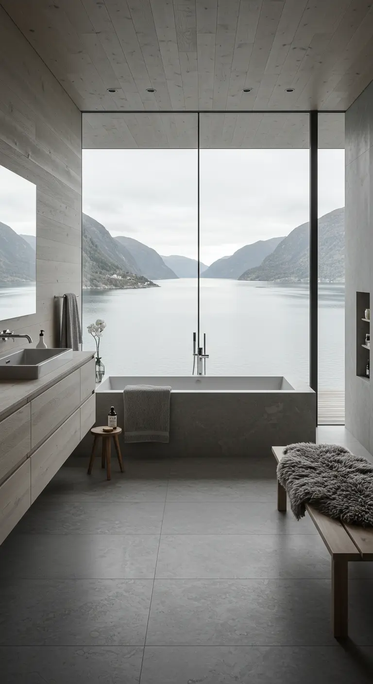 A light wood vanity and gray tile floor in a bathroom with a view of a fjord.