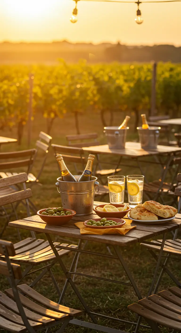 Small bistro tables in a vineyard at sunset with prosecco, olives, and bread.