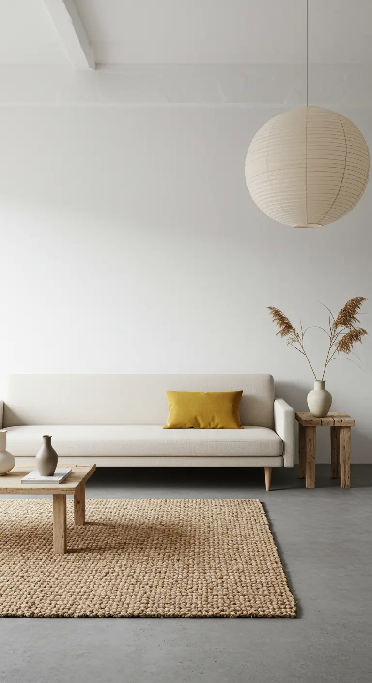 Minimalist sofa with a single mustard lumbar pillow and a large paper lantern overhead.