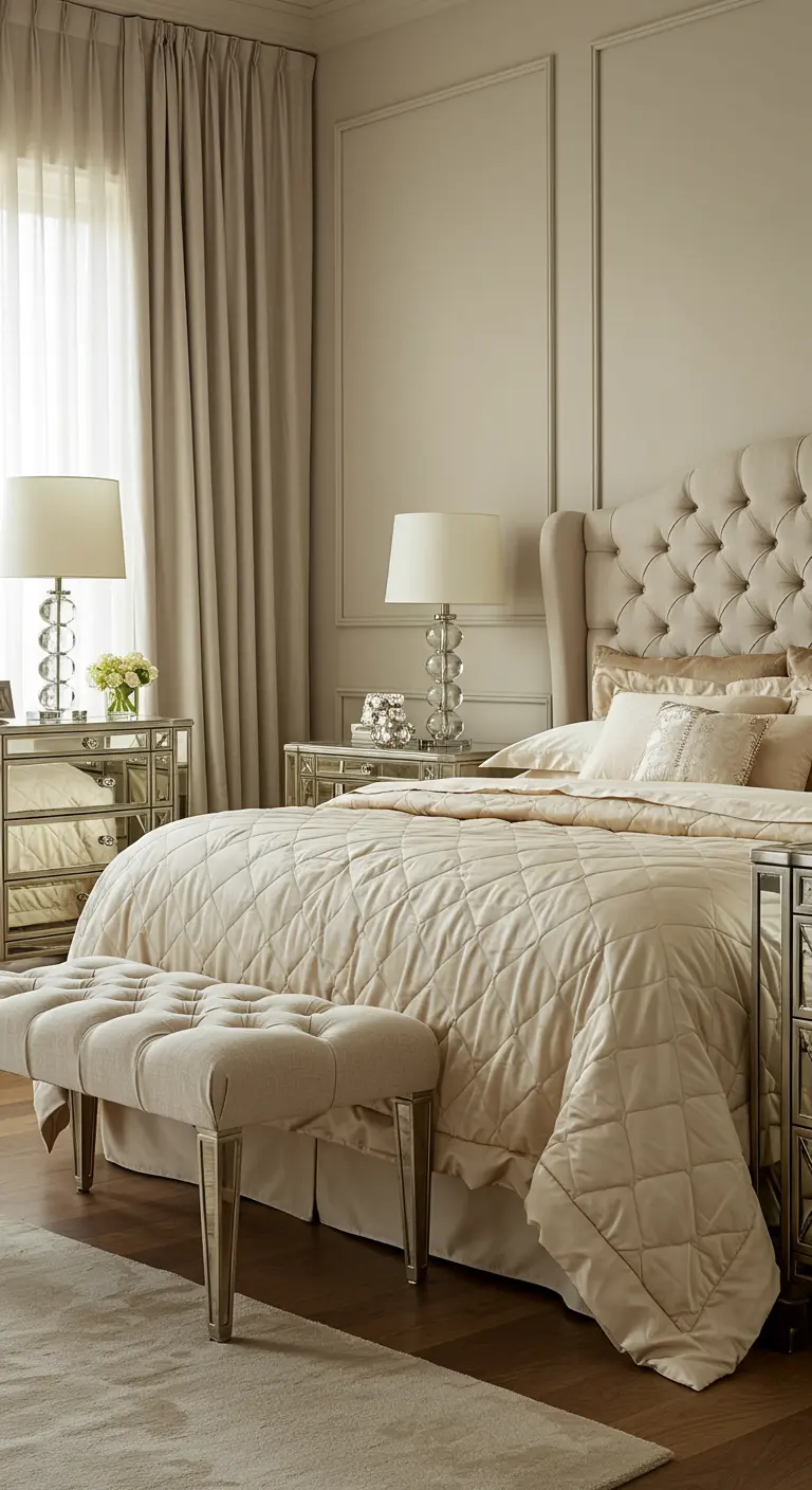 Serene neutral bedroom with a quilted bedspread, tufted headboard, and mirrored nightstands.