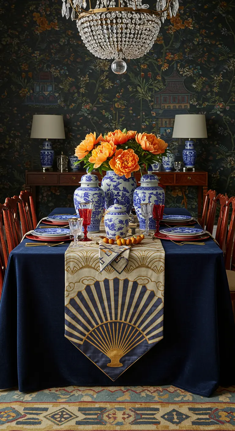 Elegant dining room with chinoiserie wallpaper, a navy tablecloth, and blue and white ginger jars.
