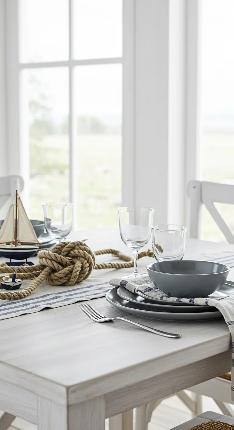 Minimalist nautical table with a large rope knot centerpiece and gray plates.