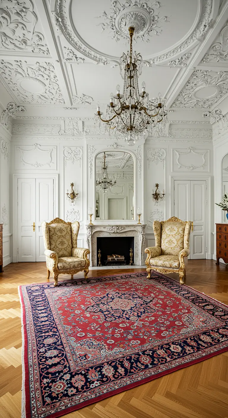 Ornate white room with two gold-framed wingback chairs on a large, vibrant red Oriental rug.