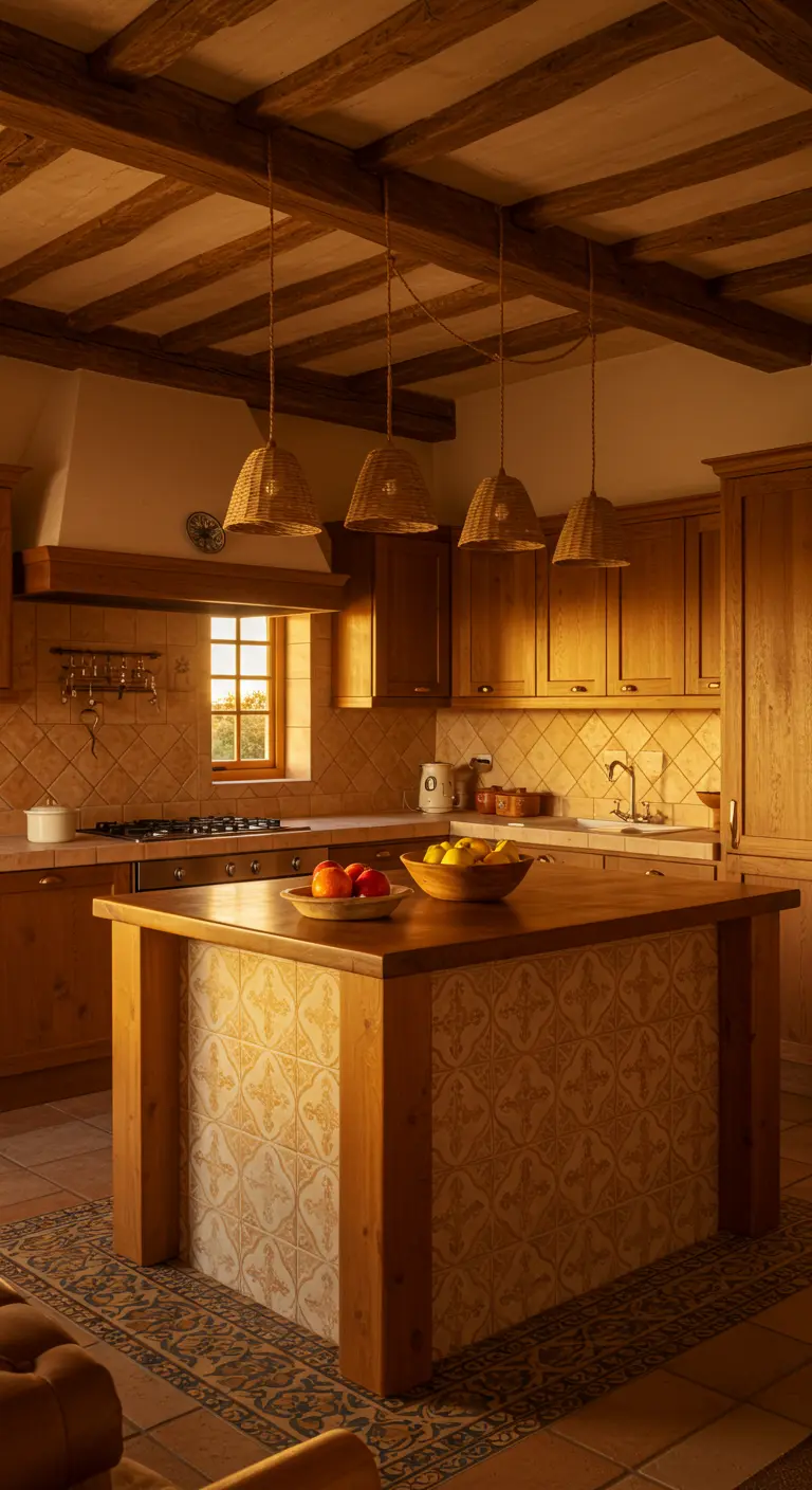 A warm wood kitchen with a cream-and-beige patterned tile island under woven pendant lights.