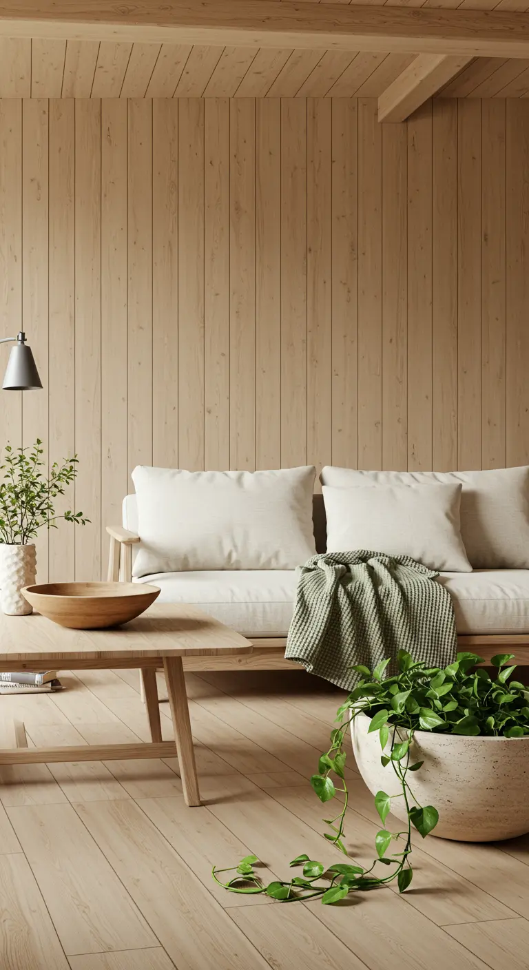 A room with light wood paneling, a matching sofa frame, and a large potted plant.