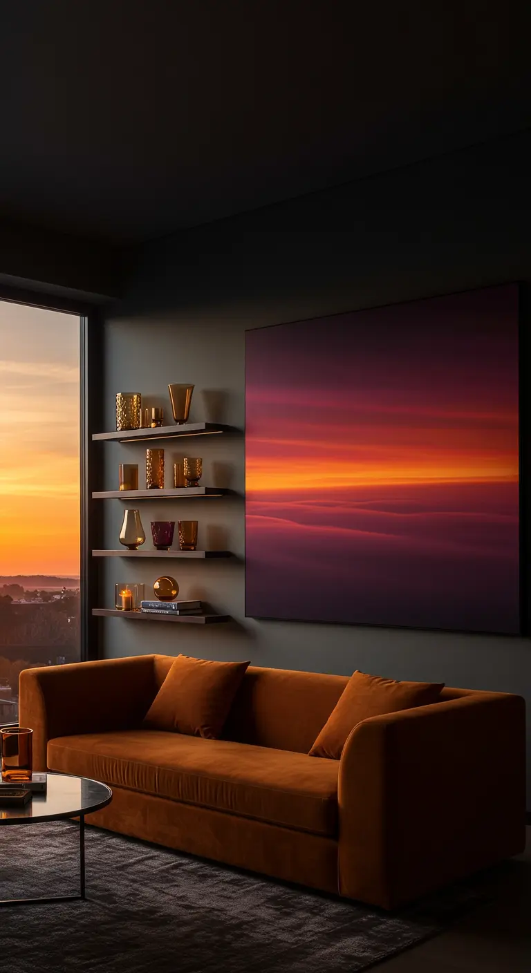A large abstract sunset painting hangs next to a rust-colored sofa and a window with a real sunset.