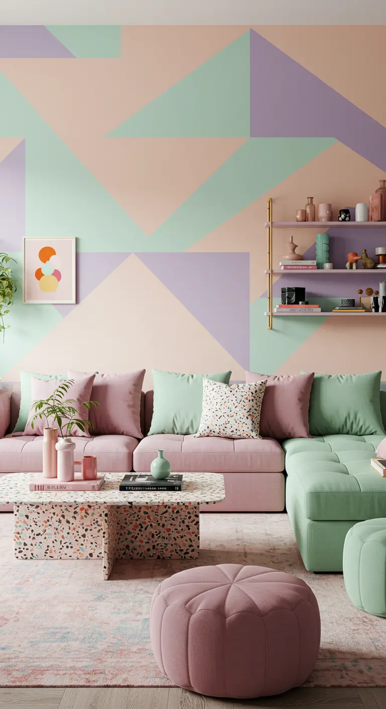 A pink and green sectional in front of a geometric pastel mural with a terrazzo table.