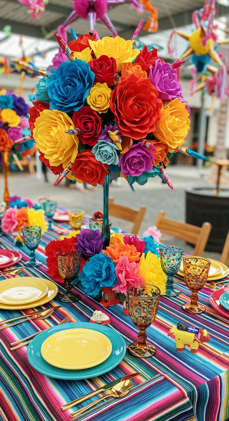 An extremely colorful fiesta table with a serape tablecloth and a giant, multi-colored paper flower centerpiece.