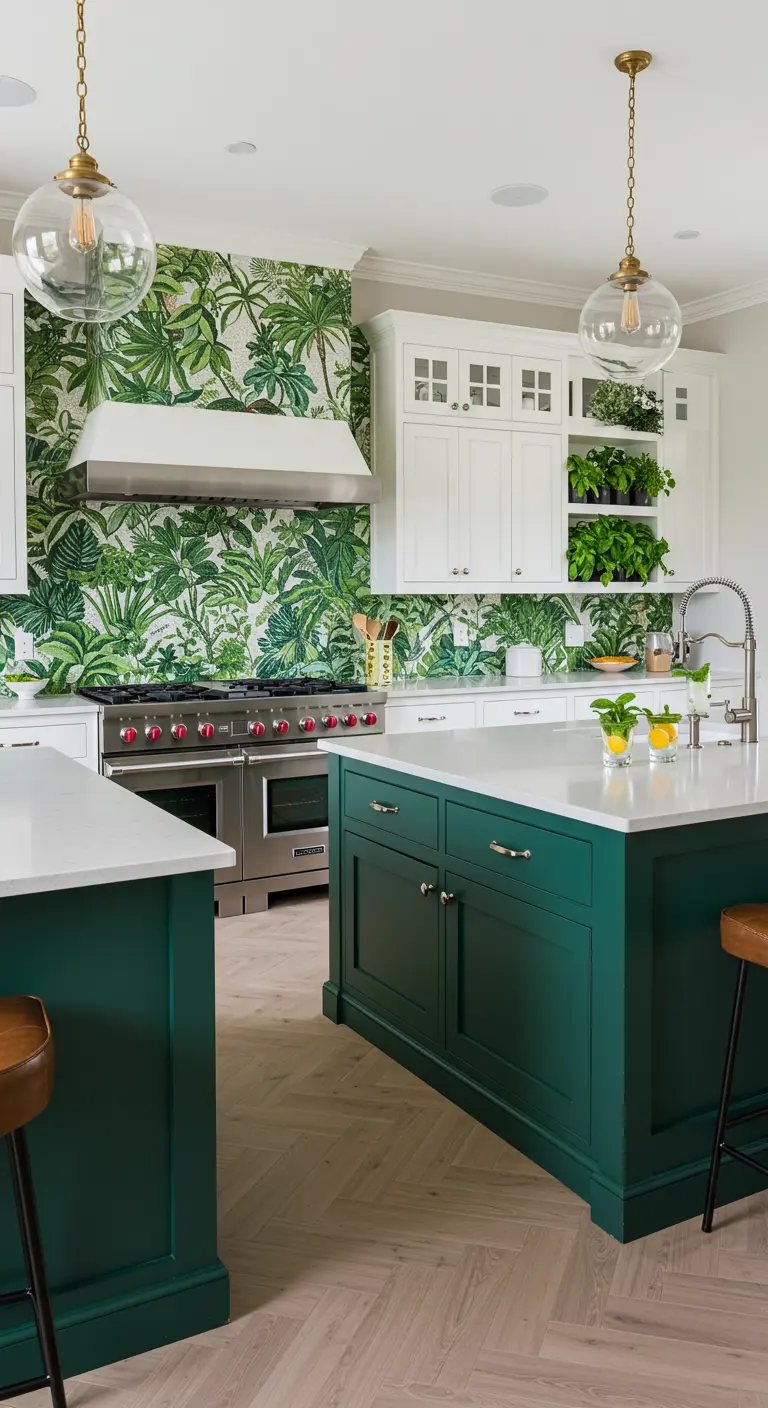Kitchen with dark green island, white cabinets, and bold tropical leaf wallpaper.