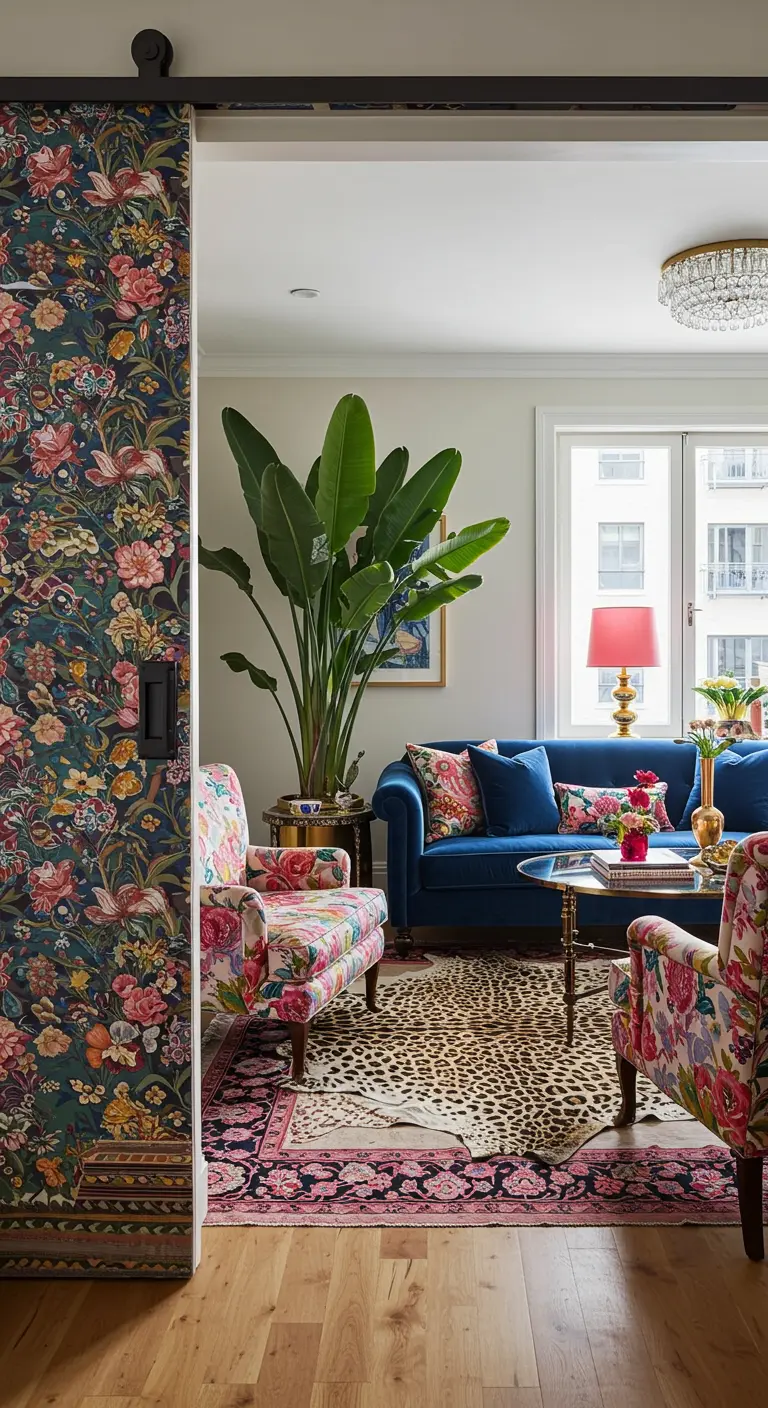 Maximalist living room with a floral wallpapered sliding door and a leopard print rug.