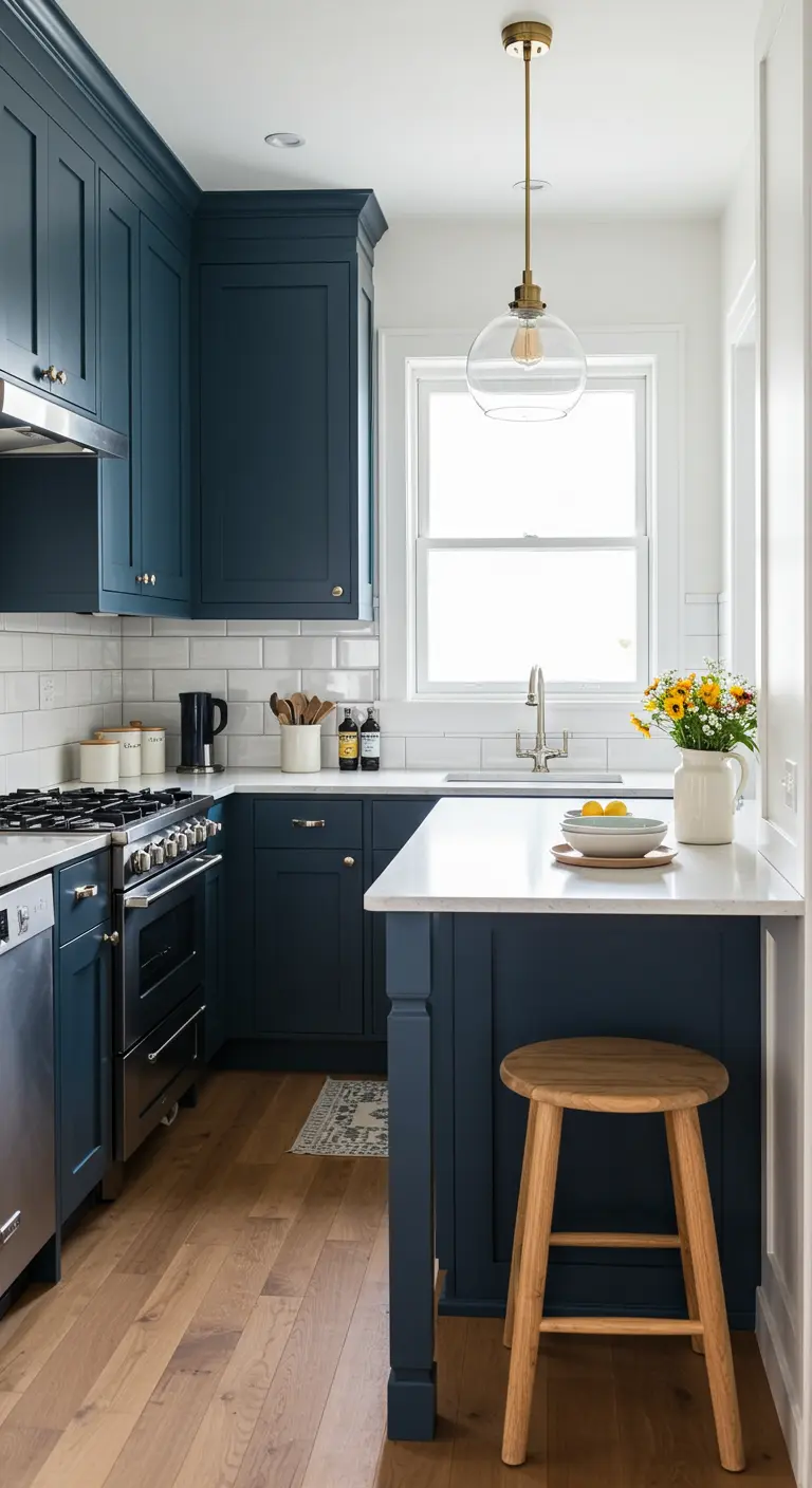 Compact U-shaped kitchen with navy base cabinets and white upper cabinets.