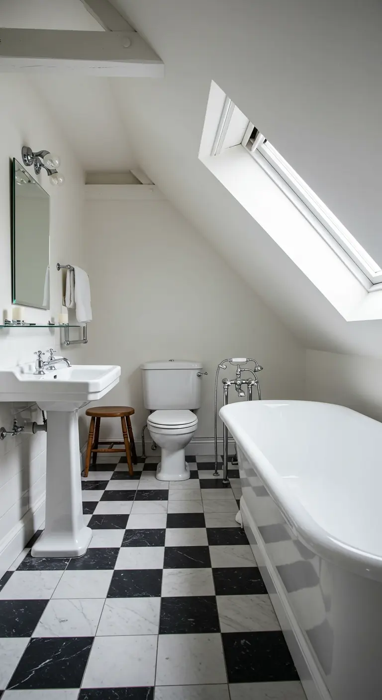 Attic bathroom with a sloped ceiling, pedestal sink, and freestanding tub.
