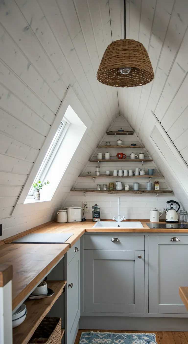 A small attic kitchen with a woven pendant and open shelves built into the sloped ceiling.
