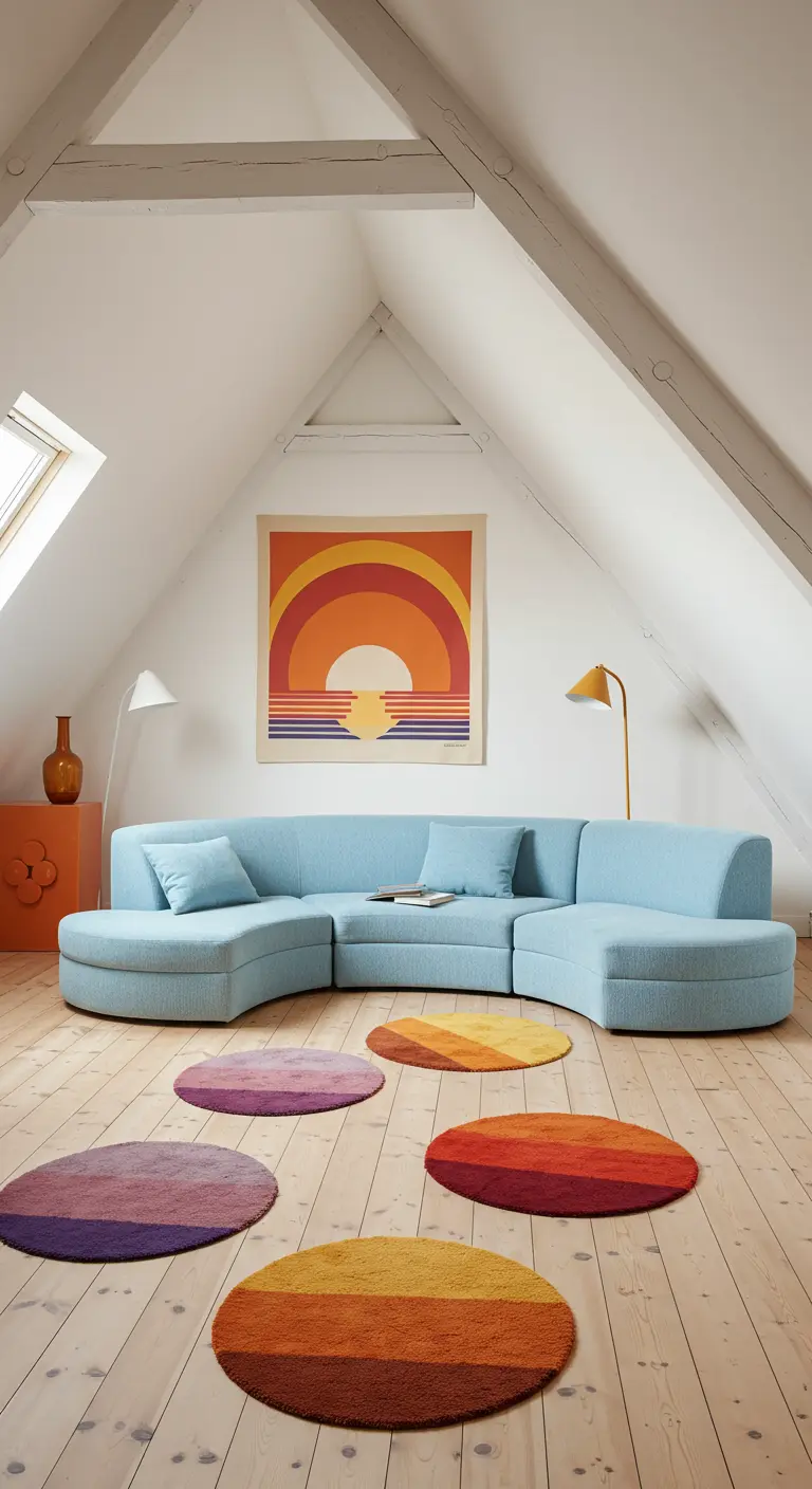 An airy attic room with a light blue curved sectional and colorful circular rugs on the floor.